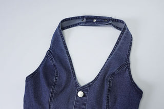 Button zip-up halter buckle denim jumpsuit