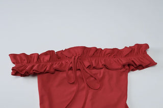 Ruffle off shoulder self tie solid midi dress