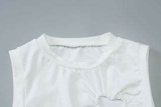 Crewneck heart hollow out ruched solid cut out top