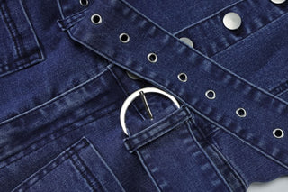 Button zip-up halter buckle denim jumpsuit