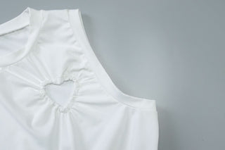 Crewneck heart hollow out ruched solid cut out top