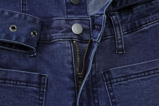 Button zip-up halter buckle denim jumpsuit