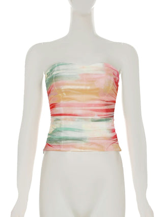 Ruched mesh print zip-up tube top