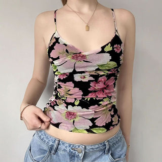 Ruched flower print v neck mesh cami top