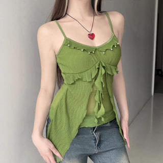 Ruffle u neck mesh textured green cami top