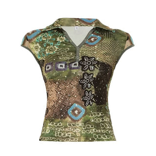 Cap sleeve print button turnover collar top