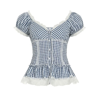 V neck lace hem plaid puff sleeve ruched top