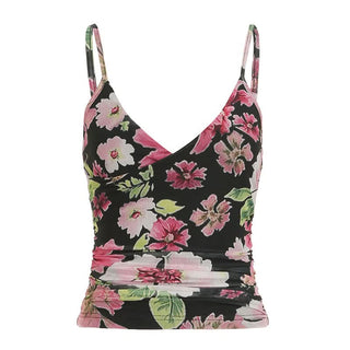 Ruched flower print v neck mesh cami top