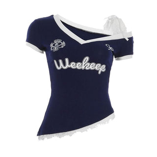 Lace hem v neck short sleeve irregular top