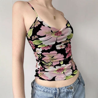 Ruched flower print v neck mesh cami top
