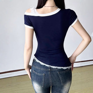 Lace hem v neck short sleeve irregular top