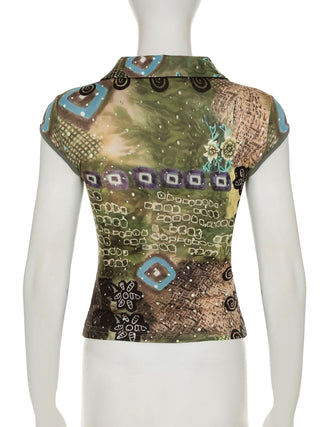 Cap sleeve print button turnover collar top