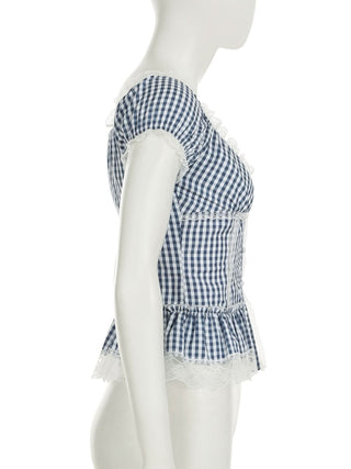 V neck lace hem plaid puff sleeve ruched top