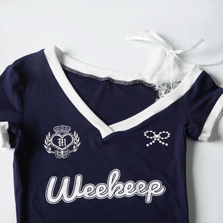 Lace hem v neck short sleeve irregular top