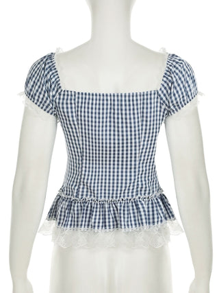 V neck lace hem plaid puff sleeve ruched top
