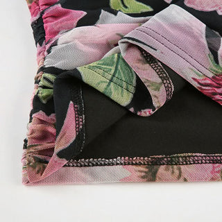 Ruched flower print v neck mesh cami top