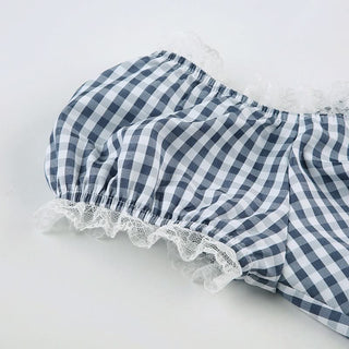 V neck lace hem plaid puff sleeve ruched top