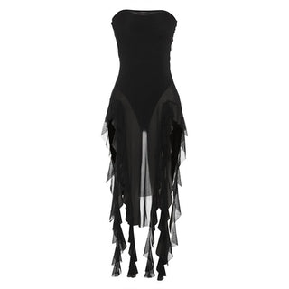 Mesh slit button irregular tube bodysuit