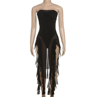Mesh slit button irregular tube bodysuit