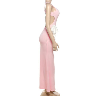 Crewneck bowknot hollow out cut out maxi dress