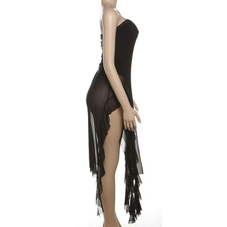 Mesh slit button irregular tube bodysuit