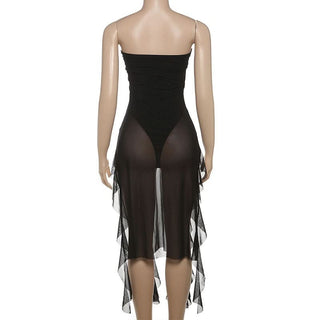 Mesh slit button irregular tube bodysuit