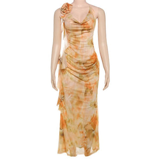 Cowl neck flower applique print halter maxi dress