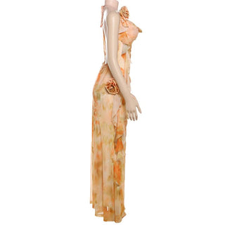 Cowl neck flower applique print halter maxi dress