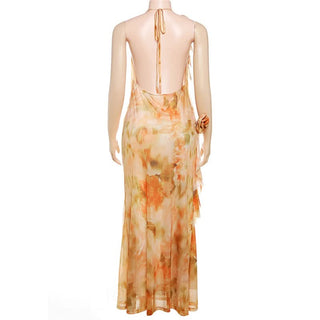 Cowl neck flower applique print halter maxi dress