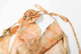 Cowl neck flower applique print halter maxi dress