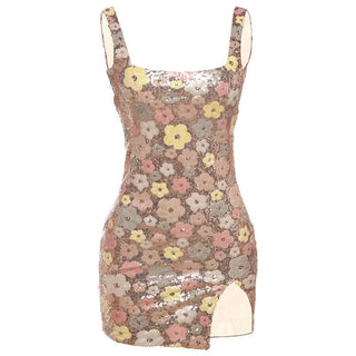 Glitter square neck zip-up slit mini dress