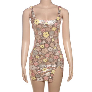 Glitter square neck zip-up slit mini dress