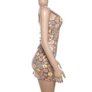 Glitter square neck zip-up slit mini dress