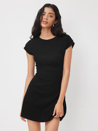 Cotton-blend Round Neckline Ruched Mini Dress