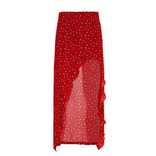Ruffle slit irregular zip-up flower print midi skirt