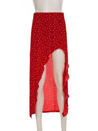 Ruffle slit irregular zip-up flower print midi skirt
