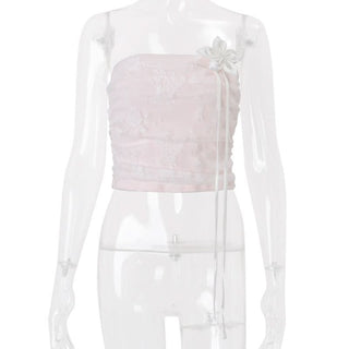 Ruched flower applique lace tube top