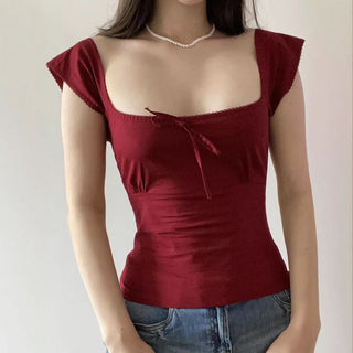 Cap sleeve square neck self tie solid top