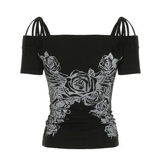 Off shoulder short sleeve ruched print self tie top