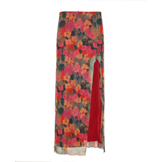 Slit irregular mesh flower print maxi skirt