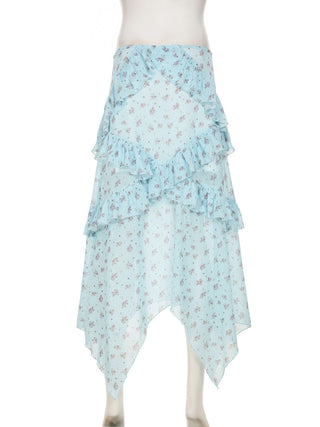 Ruffle mesh flower print ruched maxi skirt
