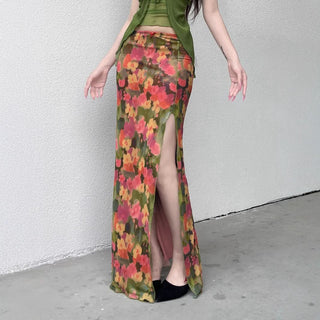 Slit irregular mesh flower print maxi skirt