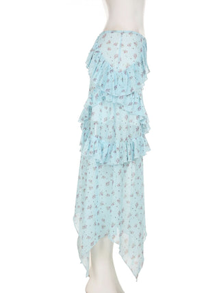 Ruffle mesh flower print ruched maxi skirt