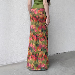 Slit irregular mesh flower print maxi skirt
