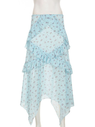 Ruffle mesh flower print ruched maxi skirt