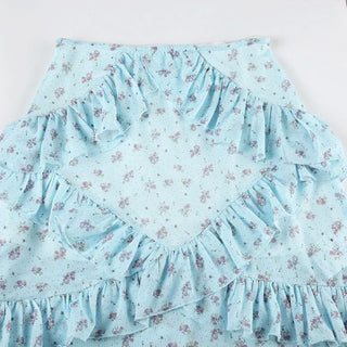 Ruffle mesh flower print ruched maxi skirt