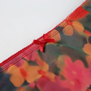 Slit irregular mesh flower print maxi skirt