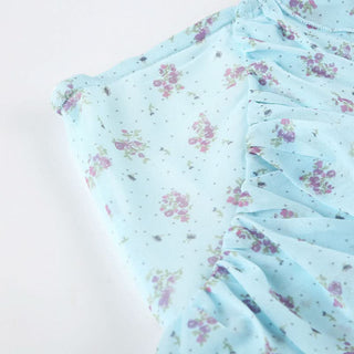 Ruffle mesh flower print ruched maxi skirt