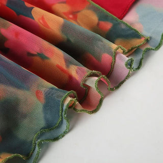 Slit irregular mesh flower print maxi skirt