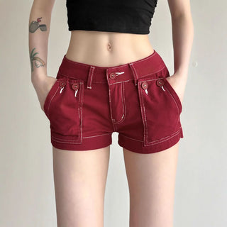Zip-up button pocket low rise denim shorts